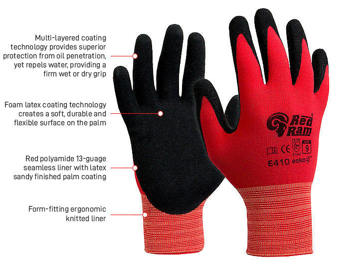 Esko Safety-RED RAM, Black sandy latex coating with Red polyamide liner, with header card, sizes 6-12-Discount Workwear NZ