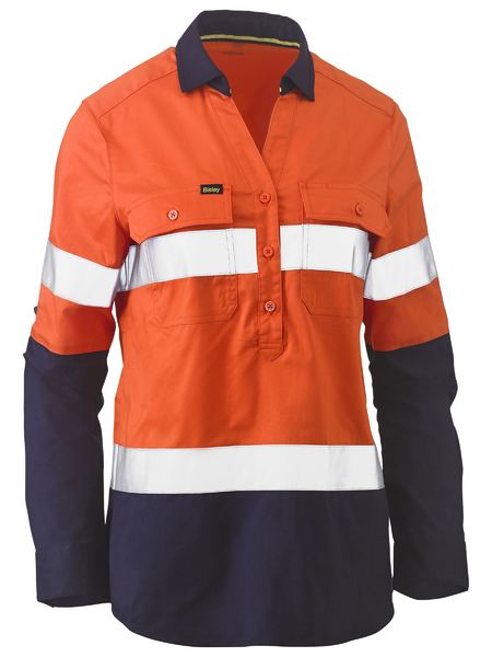 Bisley Womens Taped Hi Vis Stretch V-Neck Closed Front Shirt
