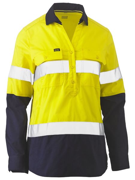 Bisley Womens Taped Hi Vis Stretch V-Neck Closed Front Shirt