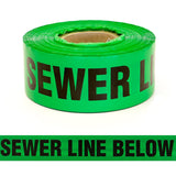 Trench Warning Tape, "SEWER LINE BELOW", Black/Green, 75mm x 250m