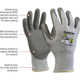 RAZOR X500, PU coated Cut resistant level 5 grey HPPE fibre liner, header card, sizes 7-11